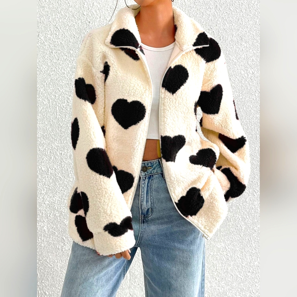 Heart Zip Up Drop Shoulder Furry Jacket. A Just Jen Brand